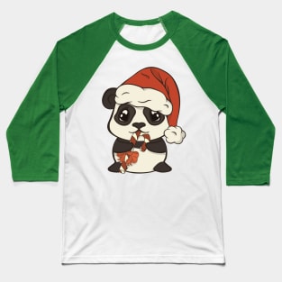 Cute Christmas panda bear in red Santa's hat with pompon eat sugar lollipop striped stick Baseball T-Shirt